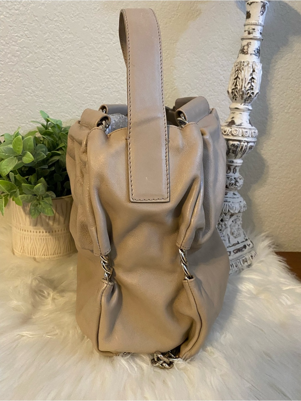 Furla Taupe Soft Leather Shoulder Hobo Bag w/ Chain Detail - Picture 5 of 14